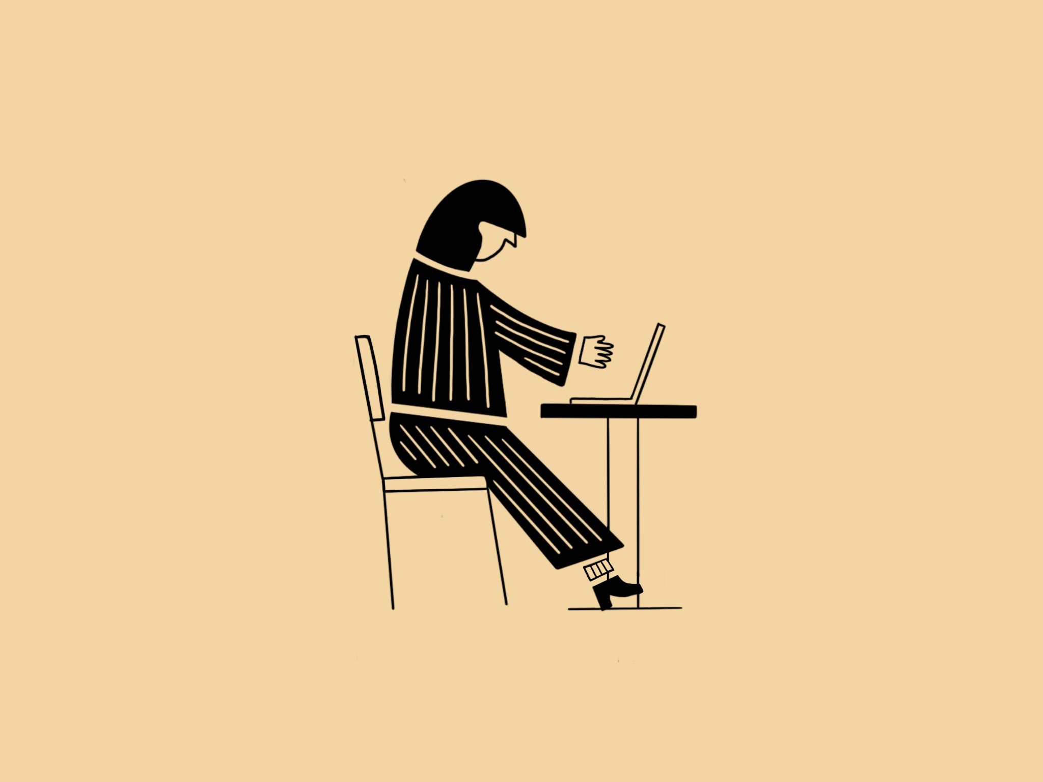 Illustration of a figure sitting at a table, working on a laptop.